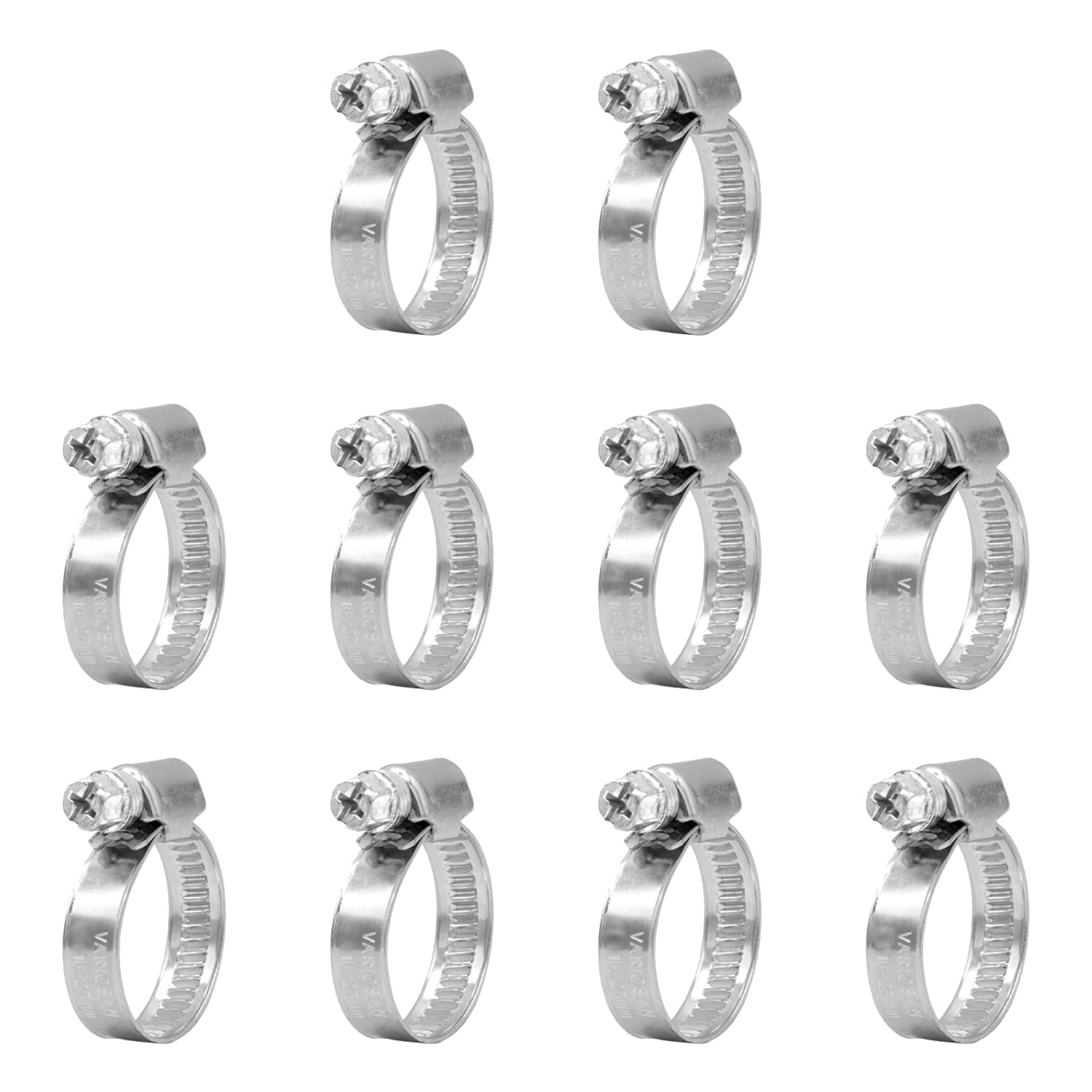 VARIOSAN Hose Clamps Set 13620, 10 Pieces Pipe Clips, Clamping Range 16-27 mm Band Width 9 mm W4 (Stainless Steel / V2A)