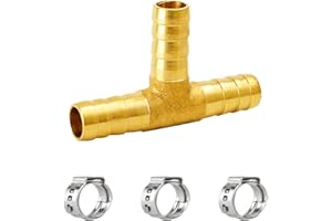 NICOLEKAY 1 pcs 1/4"(6mm) Brass Tee Barb Fittings for 1/4" ID Hose,3 pcs Stainless Steel Pipe Clamps,3 Way Union Intersection for Water/Fuel/Air(T)