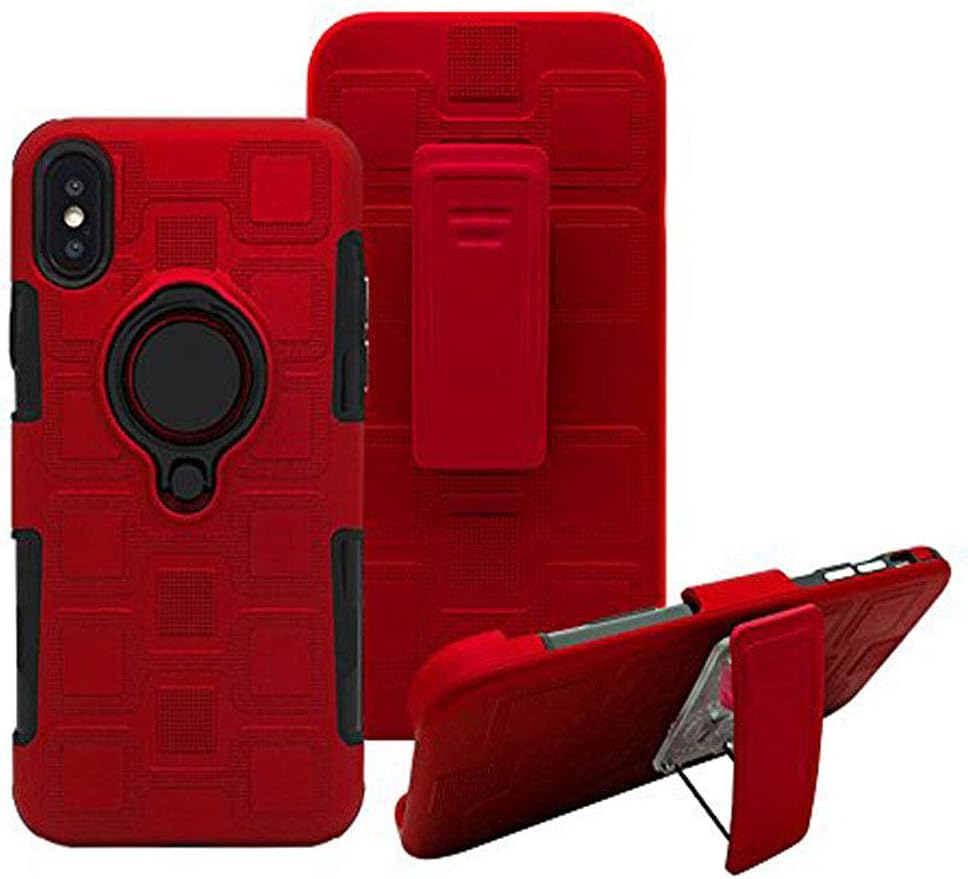 iPhone X Holster Cas Shockproof Rugged Hybrid Armor Impact Belt Clip Stand Case Cover for iPhone X Ten Shell With Ring Kickstand Heavy Duty Full Body Protective Phone Cases for iPhone X Red