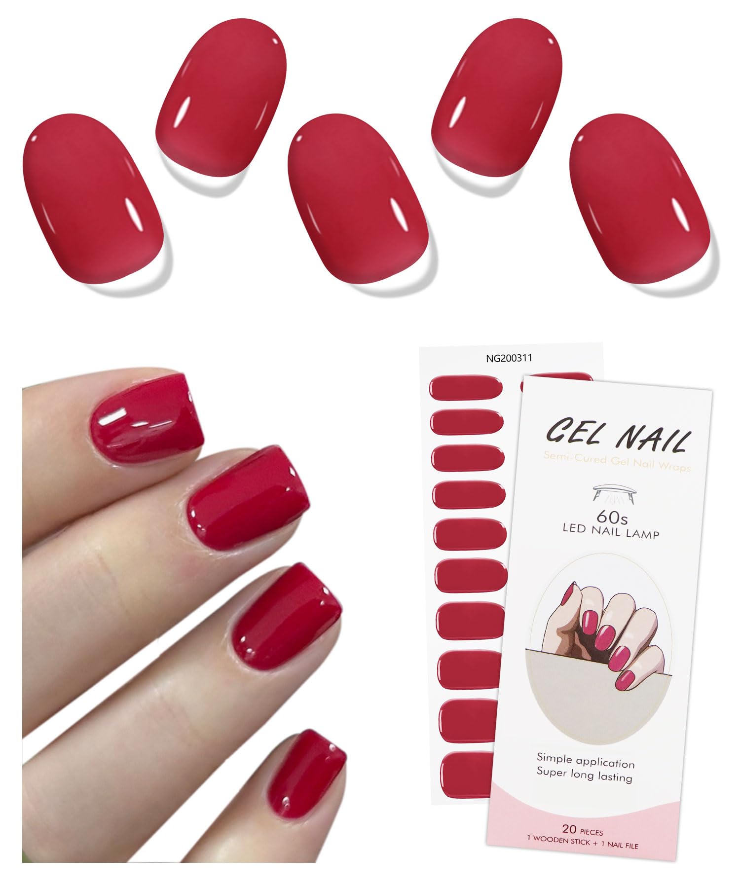 JMEOWIO Gel Nail Stickers Pink Red Semi Cured Gel Nail Strips Wraps UV/LED Nails Art Design Decoration Accessories