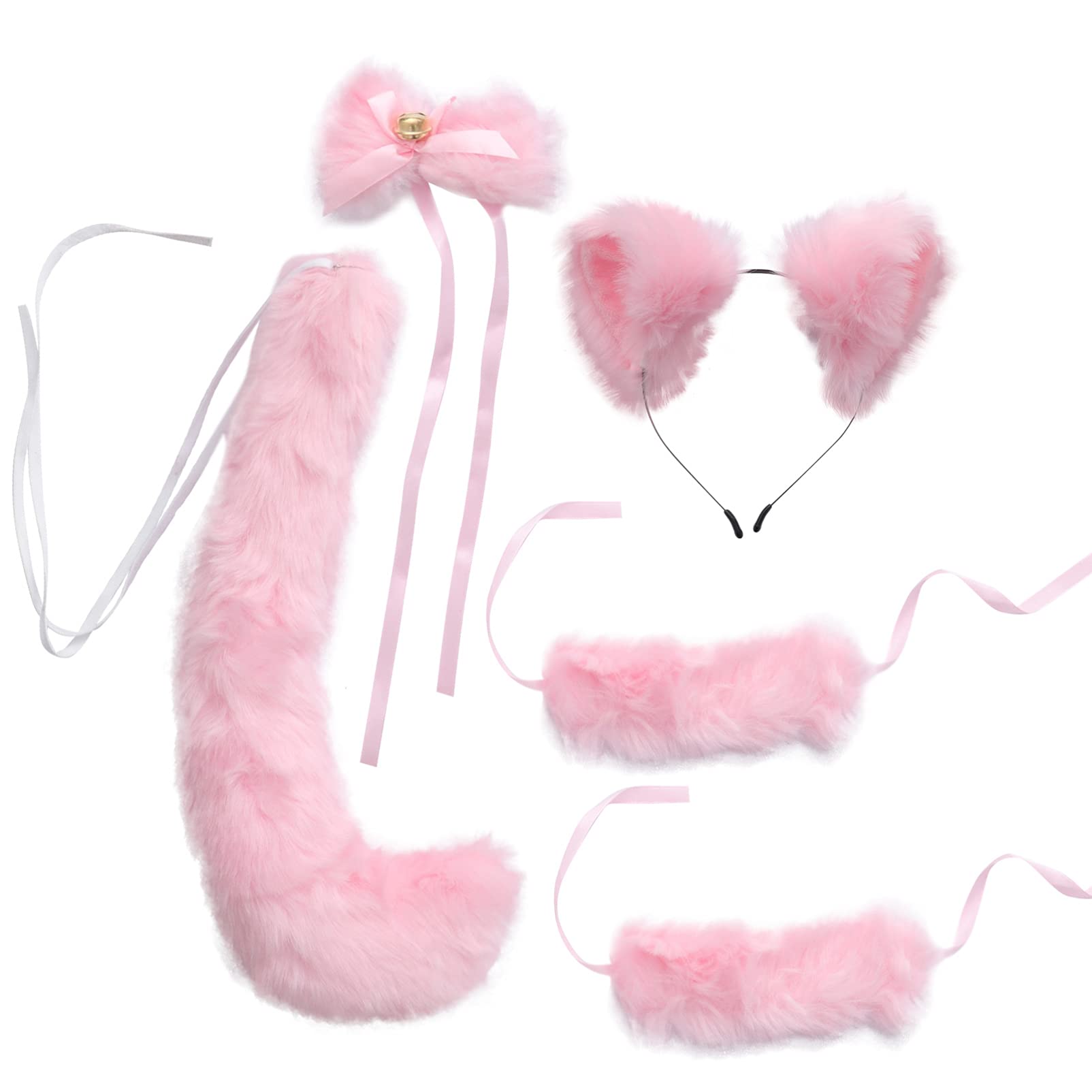 FRCOLOR Faux Fur Cat Ears Headband, Anime Ears Headband Fox Ears Tail Kit Cosplay Costume Set for Party Halloween Pink