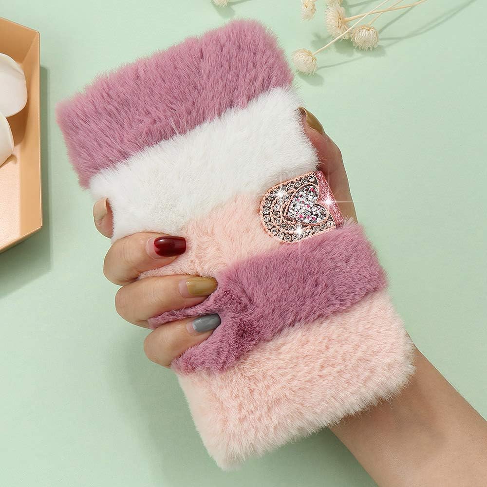 for Samsung Galaxy A7 2018 Case Luxury Faux Fur Flip Case LAFUNDA Super Soft Cover Cute Fluffy Furry Folio Shockproof Cover with Chic Bowknot Bling Crystal Love Heart Diamond Collage Pink
