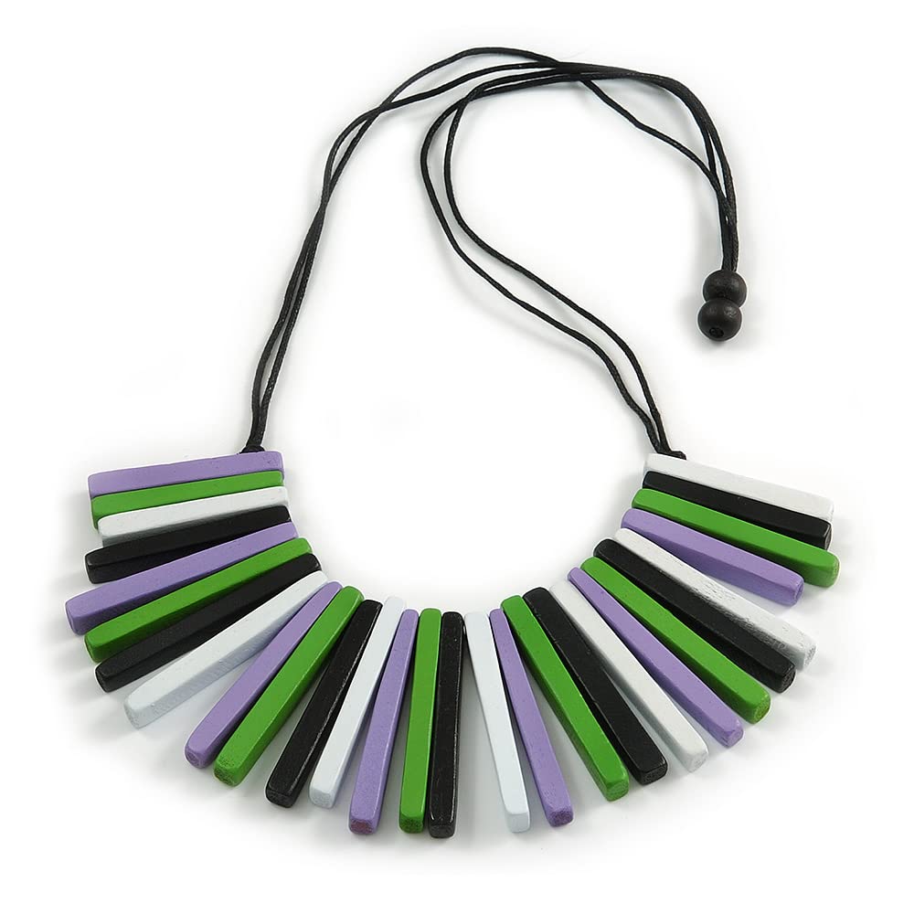Avalaya Statement Green/Lilac/White/Black Wood Bead Fringe Necklace with Black Cotton Cords/ 74cm L