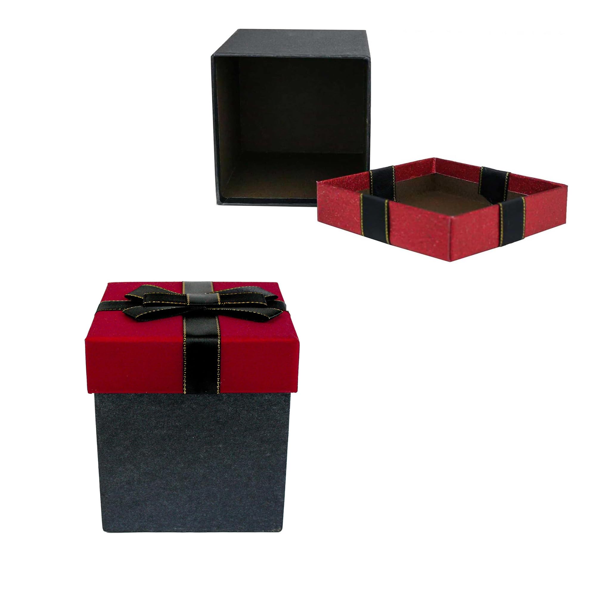 Emartbuy Square Gift Box – Black Base & Red Lid with Ribbon, Rigid Presentation Box, Reusable Keepsake – 11.5 × 11.5 × 12.7 cm (4.5 × 4.5 × 5 in)