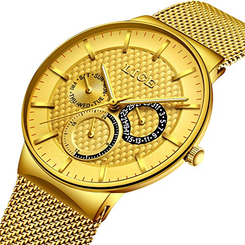 Mens Watches Waterproof Sport Analog Quartz Business Luxury LIGE Dress Wrist Watch Casual Mesh Band Ultra Thin Slim Simple Watch Gold