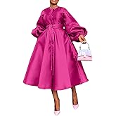 SHINFY Casual Church Dresses for Women Satin Long Sleeve A Line Semi Formal Fit Maxi Long Dresses with Pockets