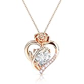 Molenia Heart Birthstone Rose Necklace for Women: Genuine 925 Sterling Silver Rose Gold Pendant Dainty Necklace Gold Jewelry Valentines Christmas Anniversary Birthday Gifts for Wife Mom Daughter