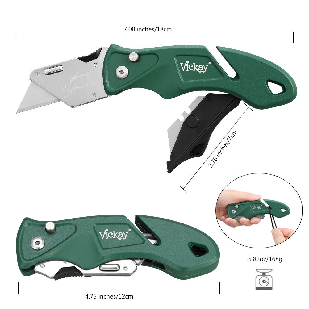 Folding Pocket Utility Knife - Quick Change SK5 Blades, Heavy Duty Box Cutter with Blades Compartment,Wires Stripping, 5 Positions Safe-Lock Design for Office, Home, Arts Crafts (Green)