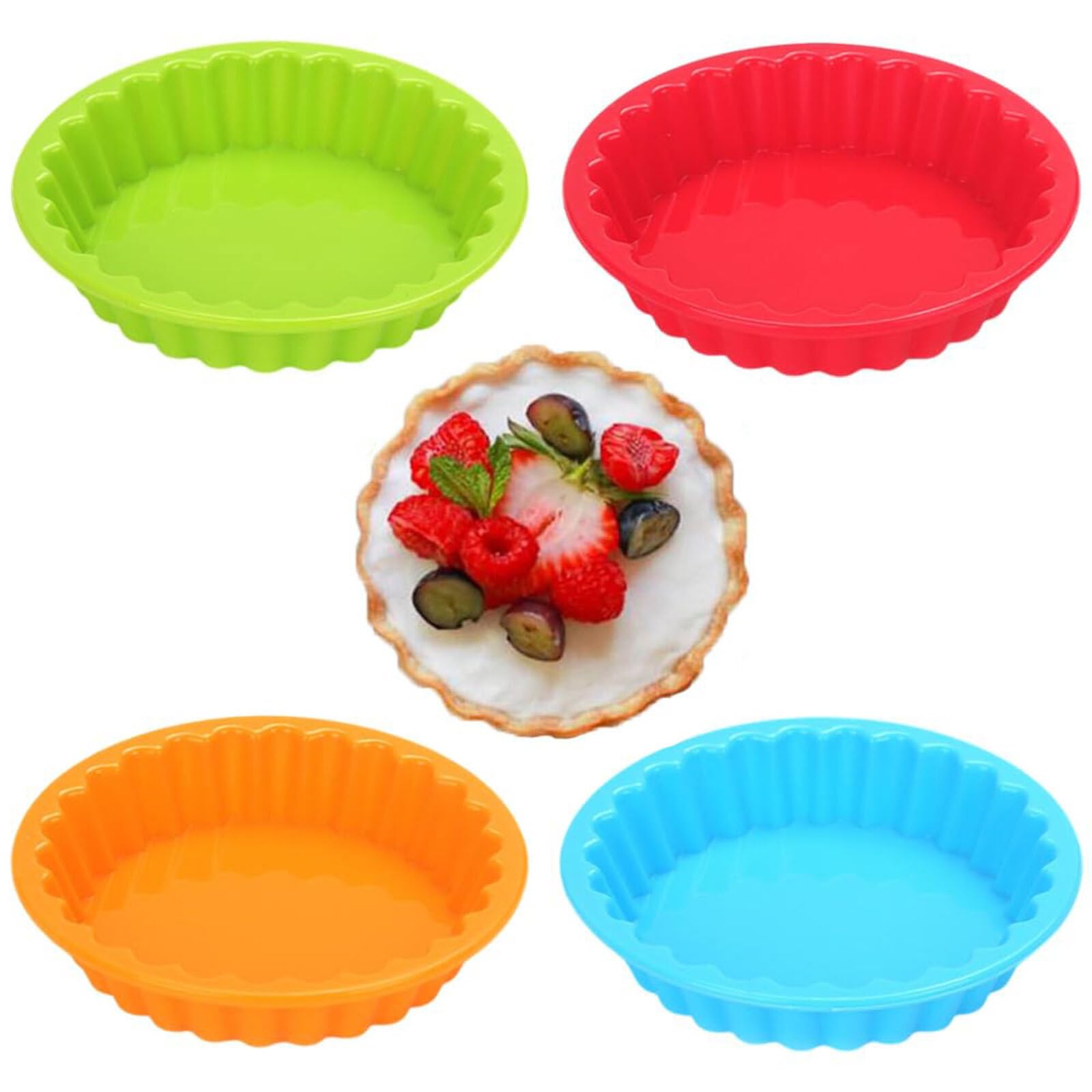 4PCS Silicone Tart Molds Non-Stick Pie Pans, Reusable Round Quiche Baking Dishes, Flexible Cake Muffin Pans for Cheesecake, BPA-Free Oven Safe Pastry Moulds (Set of 4)