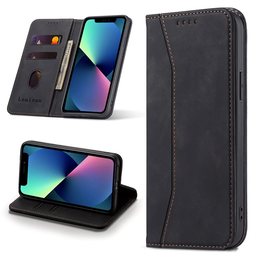 Leaisan Mobile Phone Case for iPhone 13 Mini Premium Leather Flip Foldable Shockproof Magnetic [Stand Function] [Card Slots] Protective Case for iPhone 13 Mini - Black