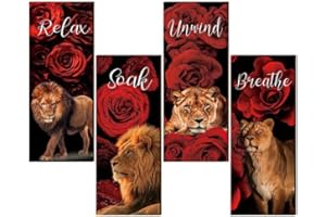 XEFINAL Set of 4 Red Rose Bathroom Wall Decors Red and Black Bathroom Decor Relax Soak Unwind Breathe Wall Art Sign for Living Room Laundry Bathroom Home Decor, 10 x 4 Inch(Red Rose and Lion)