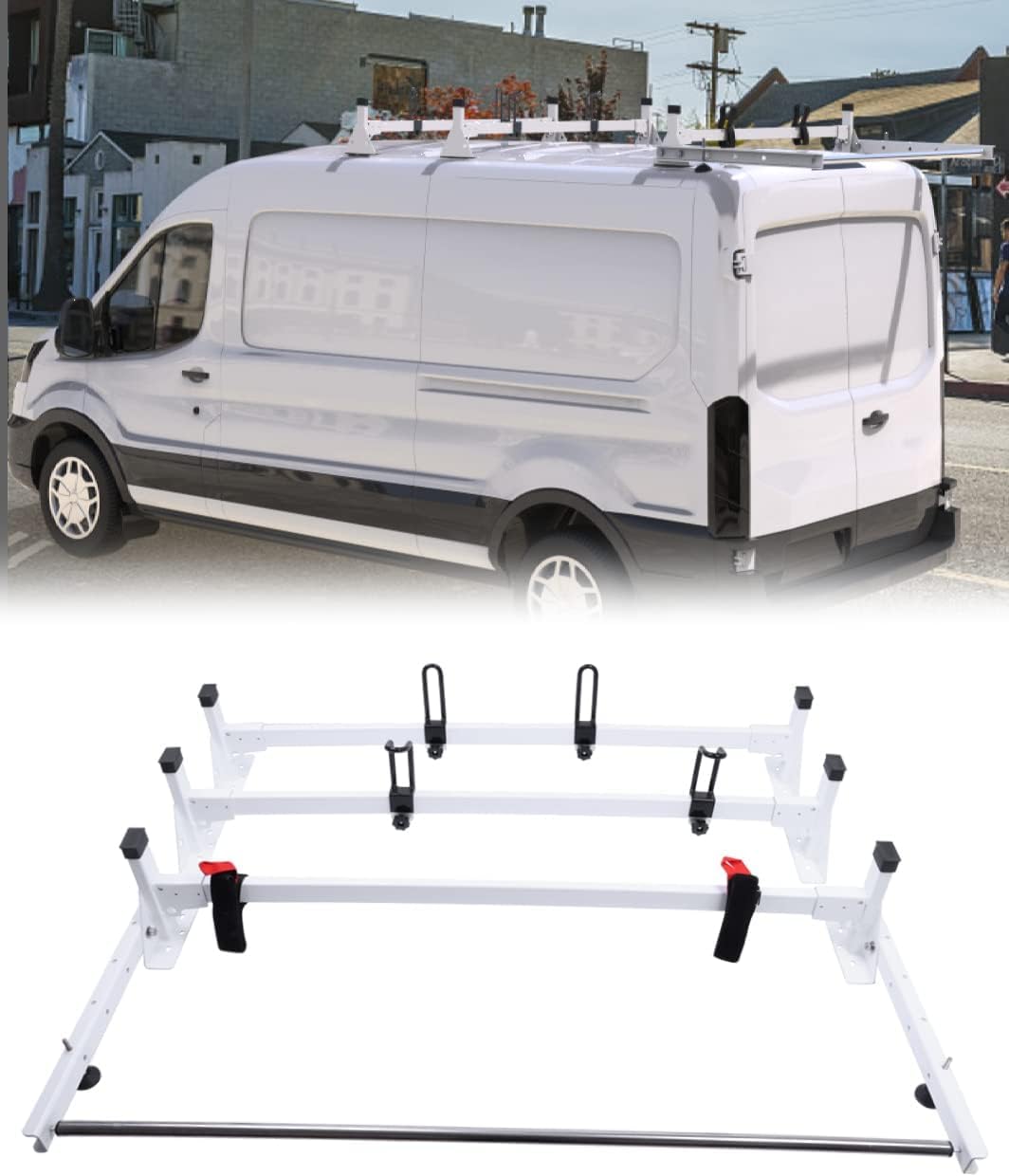 Photo 1 of Vanhoxcci Cargo Van Roof Ladder Rack Fit for 2015-2025 Ford Transit 150 250 350 with Rear Cargo Roller 800LB Steel White
