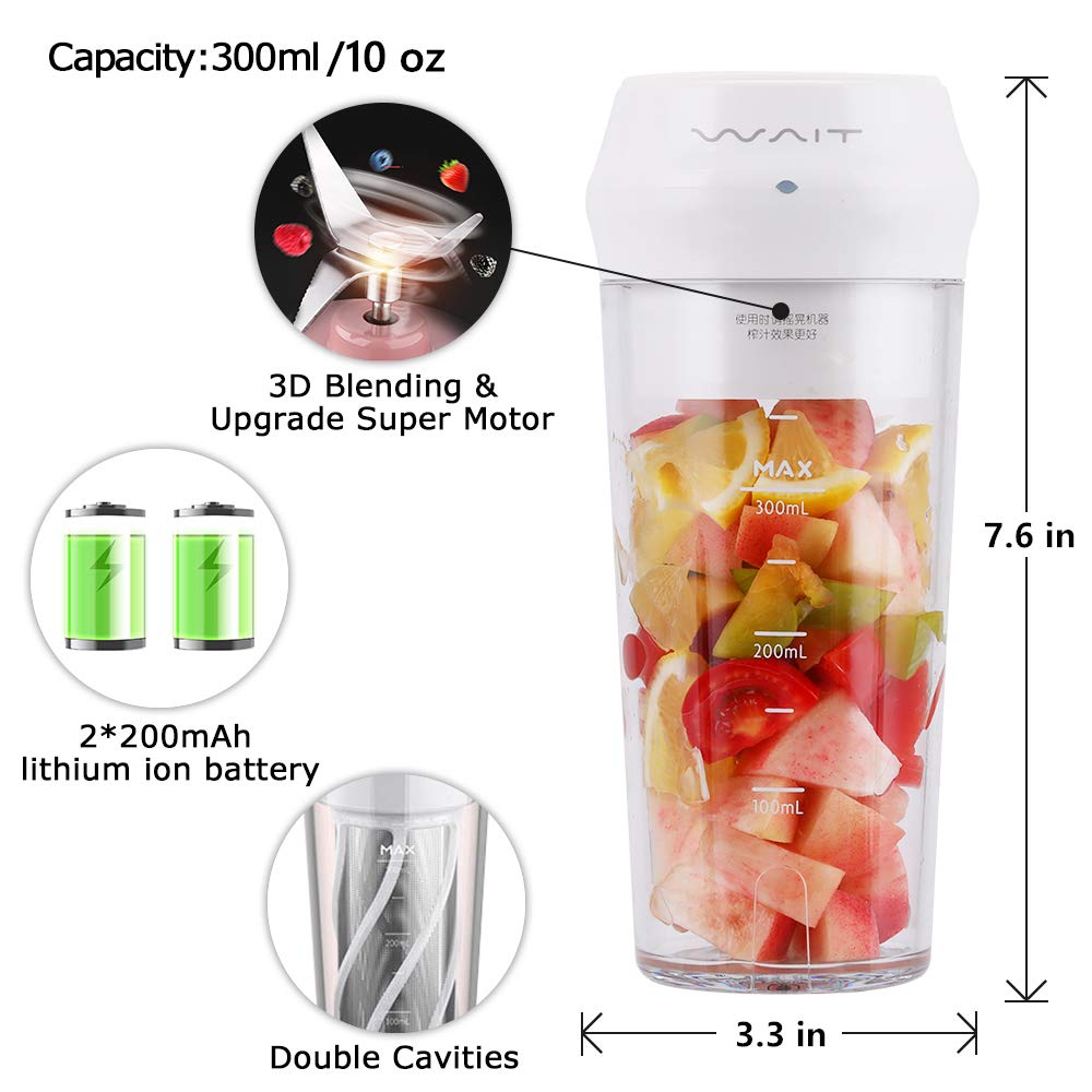 Portable Blender,Personal Blender with Filter for Shakes and Smoothie,Cordless Small Juice Cup Extractor, USB Rechargeable Juicer Detachable Fruit Mixer for Outdoor Travel Office Household Baby Food Maker (White)