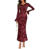 ZESICA Women's 2026 Bell Long Sleeve Floral Maxi Dress Spring Fashion Bodycon Mesh Wedding Guest Cocktail Party Dresses