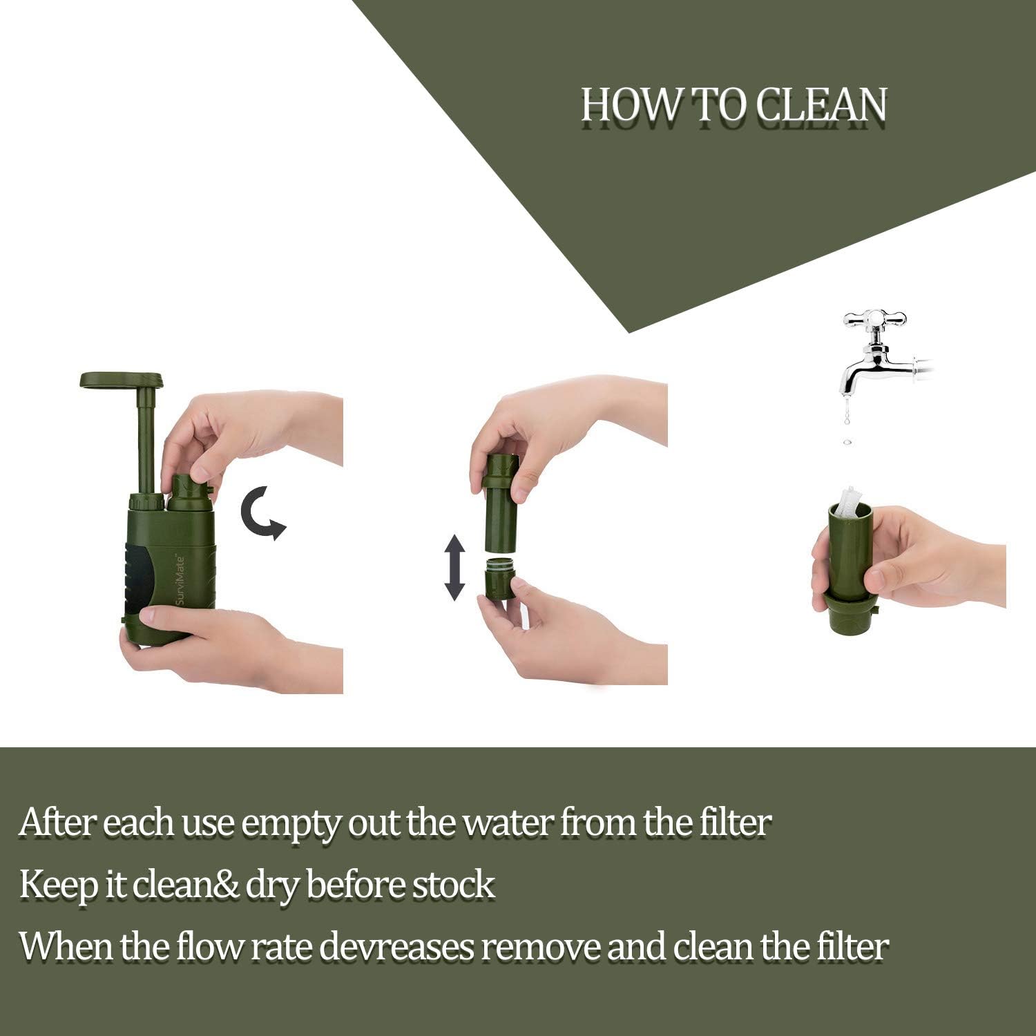 SurviMate Portable Water Filter Pump for Hiking Camping Travel Emergency use with Activated Carbon & 3 Filter Stages (Green) : Sports & Outdoors