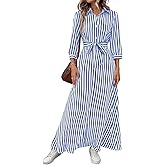chouyatou Women's Casual 3/4 Sleeve Striped Shirt Dress Button Down Swing Flowy Maxi Beach Dress with Belt