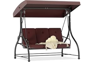 FUNG YARD 3 in 1 Porch Swing Chair with Adjustable Canopy Cover & Replacement Cushions, 3 Seat Patio Swings Bed with Heavy Duty Stand for Outdoor Backyard, Pools, Garden, Brown