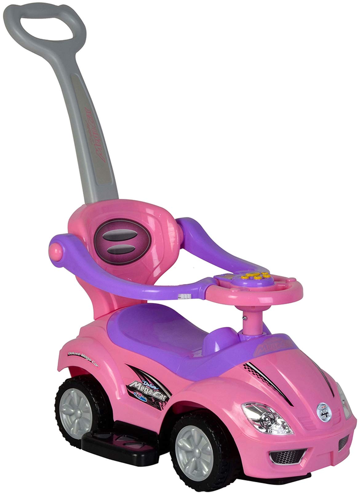 ChromeWheels Push Cars for Toddlers, 3 in 1 Ride on Push Car with Guardrail, Ride on Toys Mega Car w/Push Handle & Horn & Music & Under Seat Storage, Pink