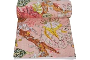 YUVANCRAFTS Indian Block Print Kantha Quilt Queen Size Kantha Throw Kantha Bedspread Blanket Cotton Bed Cover Vintage Quilt Boho Kantha Quilts Queen Size Quilt (Queen 90 X 108 Inch, Beige)