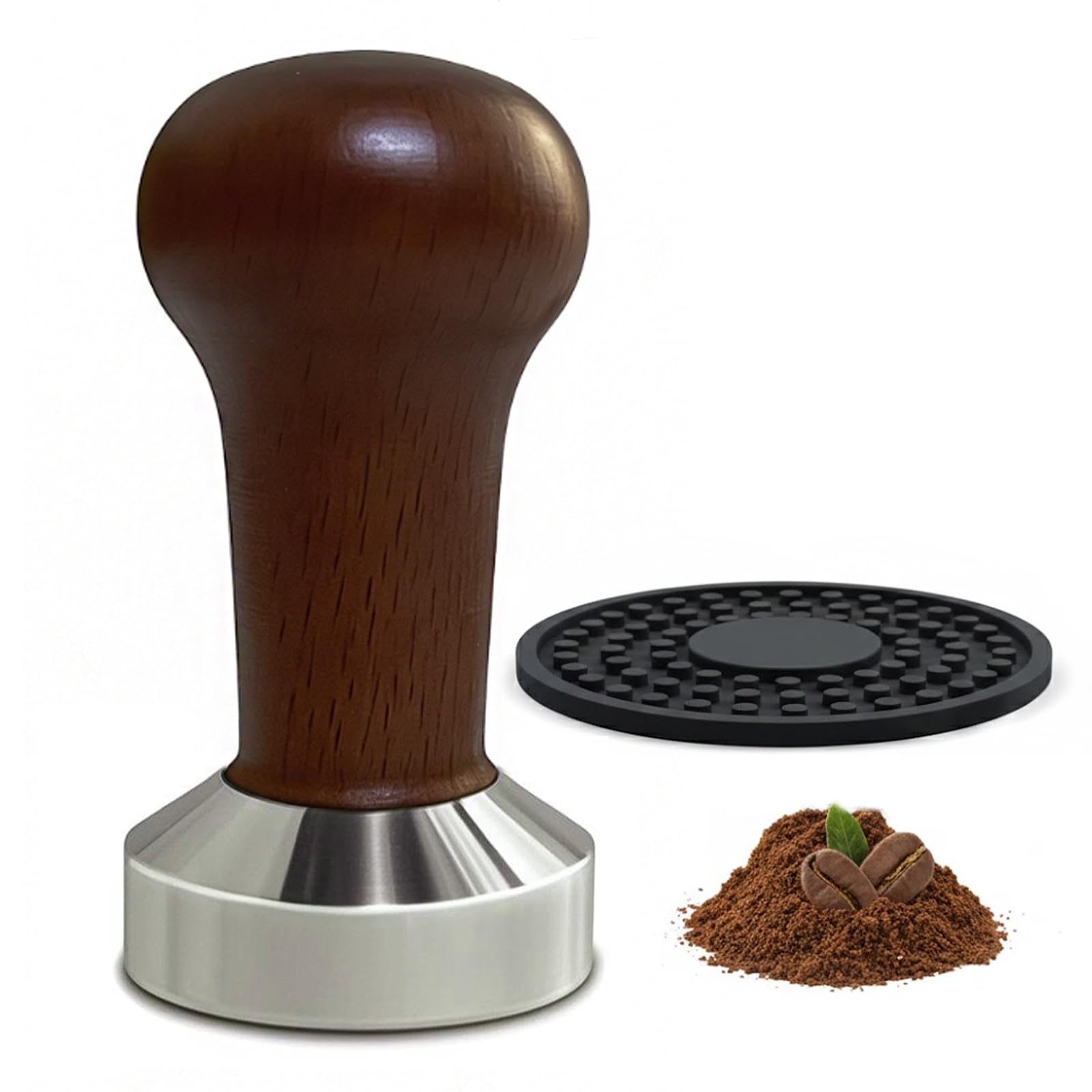 51mm Coffee Tamper with Solid Wood Handle & Silicone Mat – Heavy Duty Espresso Tamper for Precise Tamping – Durable Flat Metal Base, Barista Tool for 51mm Portafilters