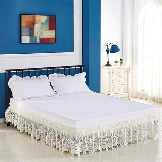 CQZM Lace Elastic Bed Skirt Wrap Ruffles Pleated Valance Fitted Sheet
