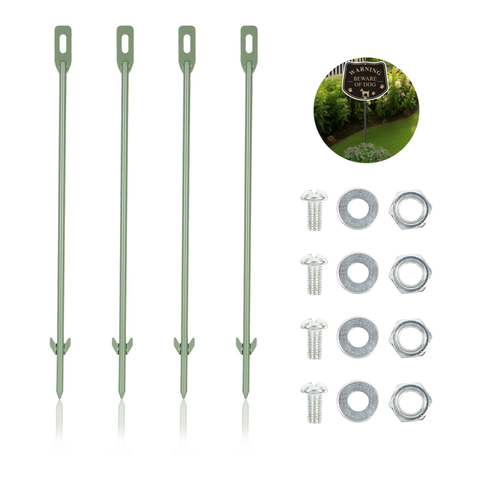 Acuxiaza 4 Pack Heavy Duty Metal Stakes For Garden 16.5 x 0.3 Inches Yard Sign Stakes Stainless Steel Garden Stakes Lawn Sign Holder For Outdoor Green（Hardware Included）