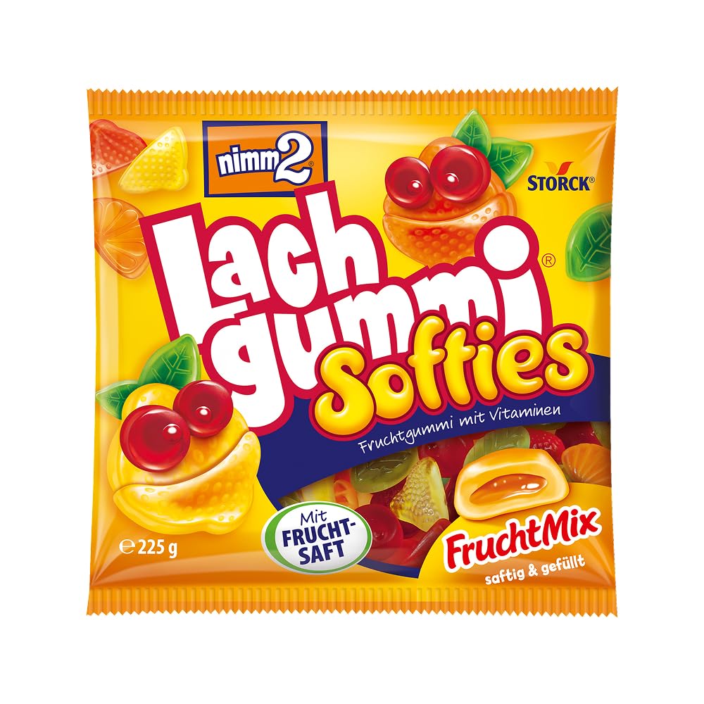 nimm2 Lachgummi Softies FruchtMix – 1 x 225 g – Gefülltes Fruchtgummi mit Fruchtsaft und Vitaminen – Süßigkeit in sechs Geschmacksrichtungen