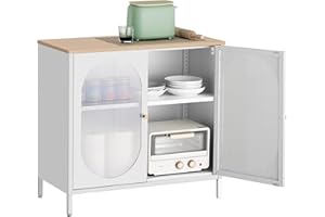 HOMSTEEL Metal Storage Cabinet, Buffet Sideboard with Translucent PC Board Doors, Wooden Tabletop, Two Color Handles, Cabinet for Kitchen, Living Room, Bar, Natural and White