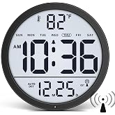 WallarGe Backlit Atomic Clock, Self-Setting Digital Wall Clock, 8" | Battery Operated, Date &amp; Temp Display, DST, Illuminated Display, Never Needs Setting