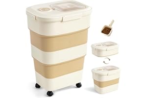 ZOMISIA 45-50lbs Dog Food Storage Container, Large Capacity Collapsible Airtight Pet Food Storage Containers with Rolling Wheels, Transparent Lid, Scoop and Date Track, Khaki