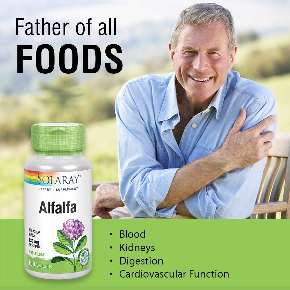 Solaray Alfalfa Leaf 430mg | Vitamin-Rich Superfood w/Fiber & Chlorophyll | Healthy Blood, Kidneys & Digestion Support | Non-GMO, Vegan | 100 VegCaps: Health & Personal Care