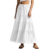 Skrtimory Maxi Skirts for Women Tiered Long Skirts Pleated A Line Drawstring Elastic Waist Flowy White Long Skirt with Lining