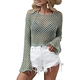 KEOMUD Women Mesh Crochet Crop Top Long Sleeve Hollow Out Knit Sweater Bikini Beach See Through Cover Ups