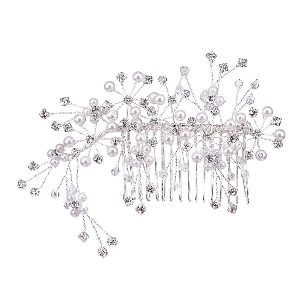 BiBeary Women Elegant Wedding Crystal Simulated Pearls Three Flowers Shaped Manual Handmade Hair Comb Hair Jewellery Silver-Tone
