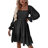 LYANER Women's Square Neck Lantern Long Sleeve Ruffle Shirred Flowy Party Mini Dress