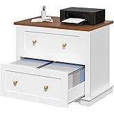 MAHANCRIS 2 Drawers Lateral File Cabinet, Farmhouse Wooden Filing Cabinet, Printer Stand for Home Office, Office Storage Cabinet for A4/Letter-Size Hanging Files,White and Walnut FCBA8001
