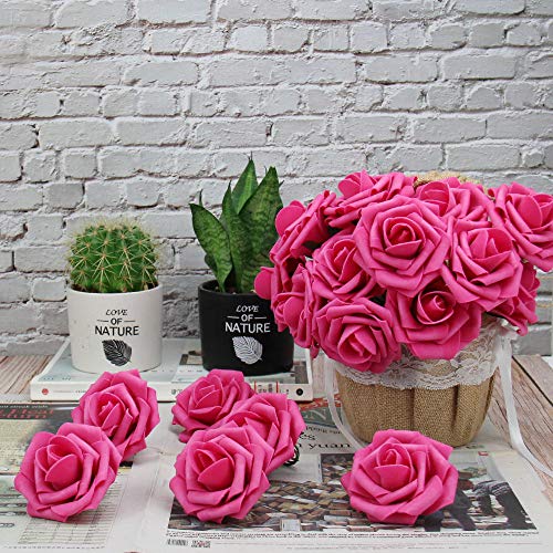 N&T NIETING Artificial Flowers Roses, 25pcs Real Touch Artificial Foam Roses Decoration DIY for Wedding Bridesmaid Bridal Bouquets Centerpieces, Party Decoration, Home Display (Hot Pink)