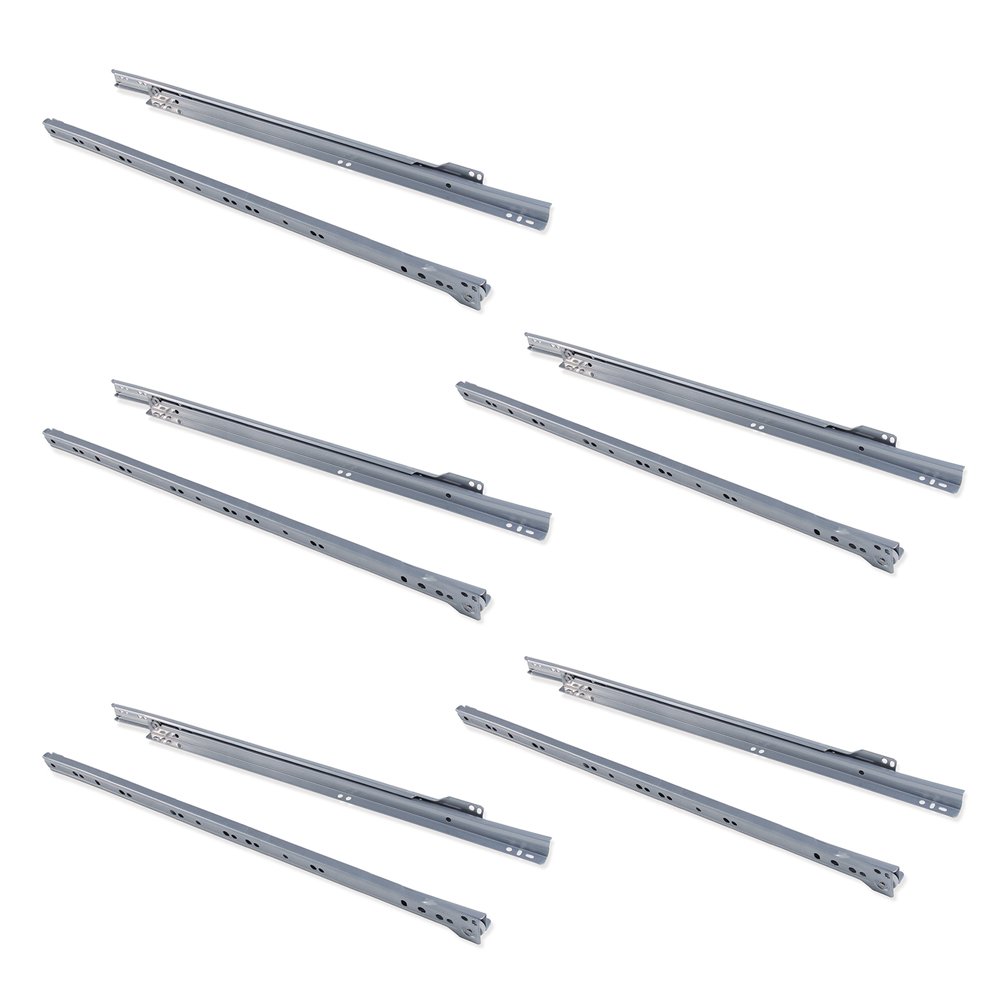 Emuca - Drawer runners 550mm (21,6 inch) with partial extension in silver grey colour, set of 5 sliders for drawer