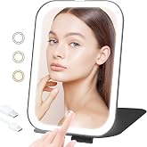 TREASO Travel Makeup Mirror, Portable Rechargeable Mirror with Lights | USB-Rechargeable, 3 Color LED Lighting, Adjustable Brightness, 7.9x5.4 inch, 1200mAh Battery, Gift for Women and Girls, Black