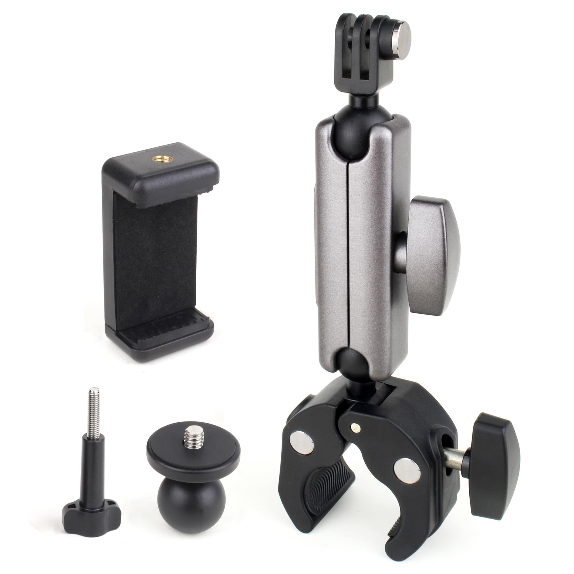GEPULY Super Camera Clamp Mount Gopro Accessories, Dual 360°Ball Head Magic Arm Adapters with 1/4''-20 Screw, Universal Phone Holder Mount for Bike Handlebar Fence Desk Tree Pole Tripod