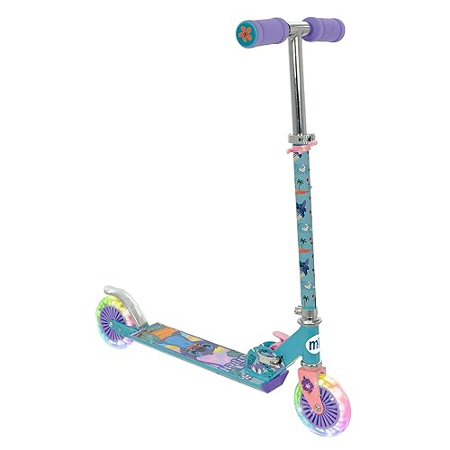 Disney Stitch Inline Scooter Light Up Wheels | Unisex Girls or Boys | Folding Adjustable 2 Wheel Kids Age 5+ Push Officially Licenced