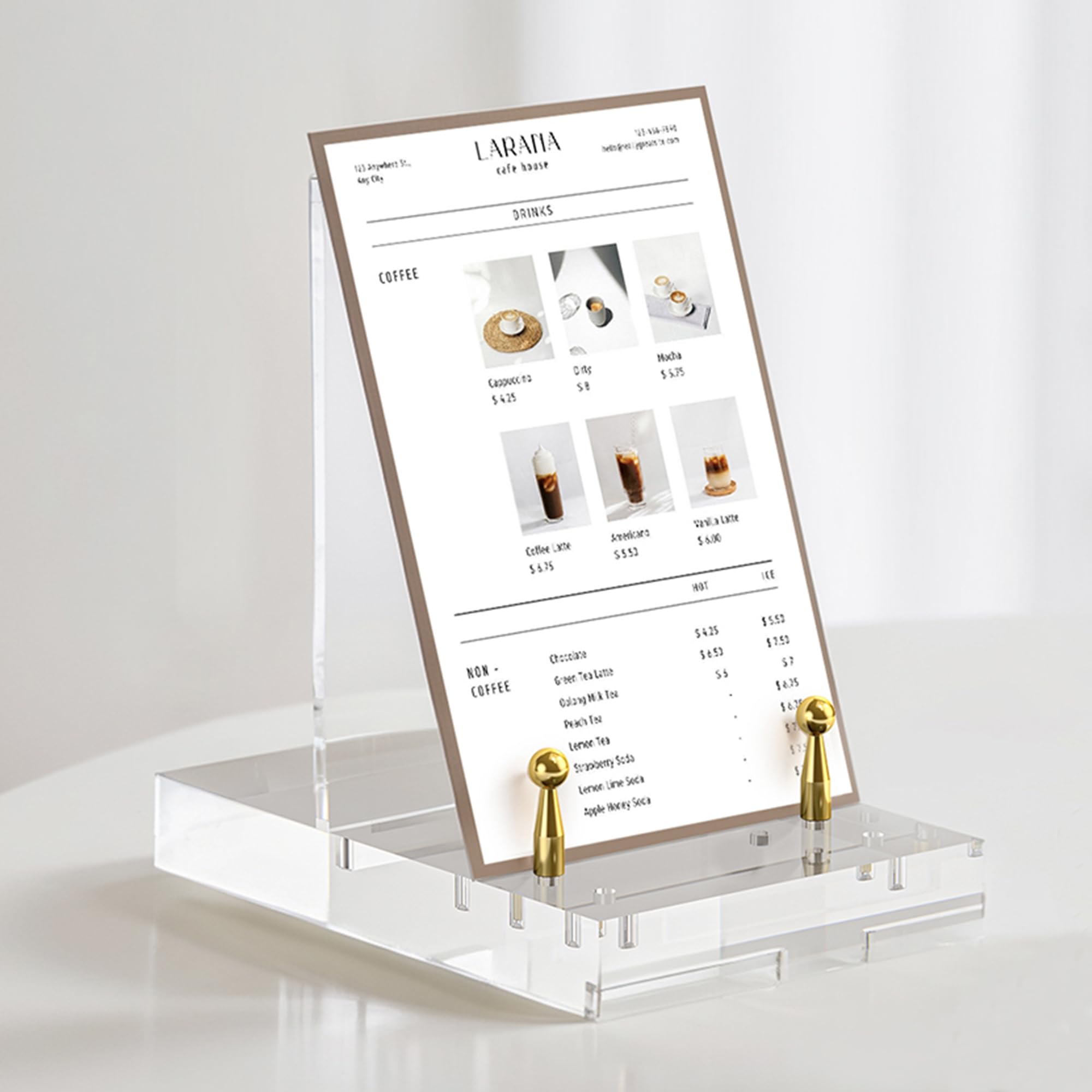 Photo 1 of CRMPro Acrylic Easel Display Stand, Clear Table Easel Picture Frame Holder with Adjustable Tilt, Perfect for Phones, Art, Weddings, Office & Home Décor, Gold-1P