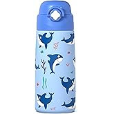 Ntswasd Boys Insulated Water Bottle with Covered Pop-Up Straw,16 oz Kids Cups with Stainless Steel Leak Proof for School（Blue-Shark）