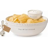 Mud Pie Circa Stacked Chip and Dip Bowl Set, Large Ceramic Chip Bowl | Chip and Dip Serving Set with Removable Divided Dip Bowl, Dimpled Rim and Silver Plated Sentiment Spoon