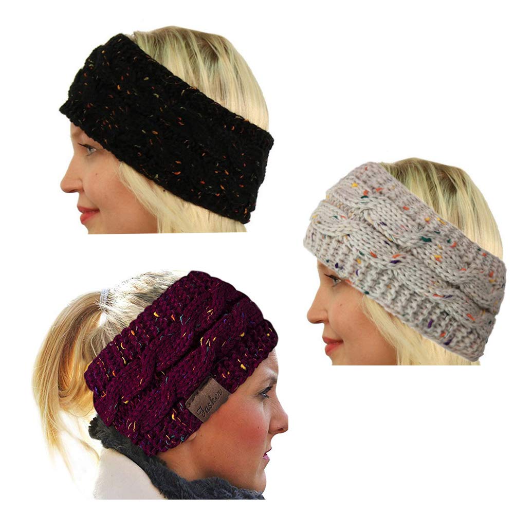 CRIVERS 3pc Womens Confetti Winter Cable Knit Headband Head Wrap Ear Warmer (Beige,Black,Wine Red)(Size:M)