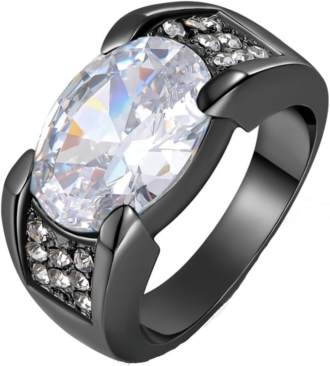 Huanhuan Men's Fashion Big White Created Gemstone CZ Black Gold Plated Wedding Engagement Promise Ring Band Size 8 and 11