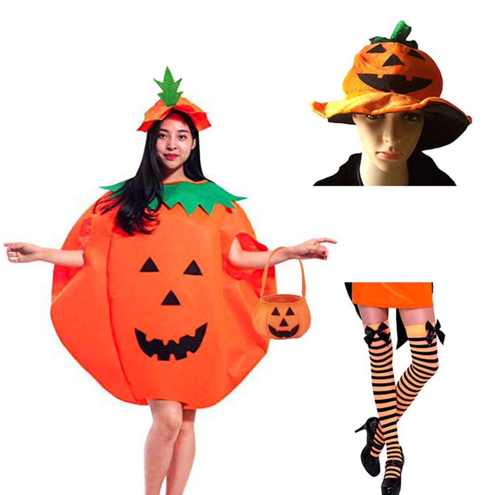 5 Pcs Halloween Pumpkin Costume Suit Set with 2 Pumpkin Hat+Pumpkin Dress+Pumpkin Bags+Adult Tights Striped, Halloween Party Dress Up Props Pumpkin Costume Pantyhose Gift Bag for Adult Party Cosplay