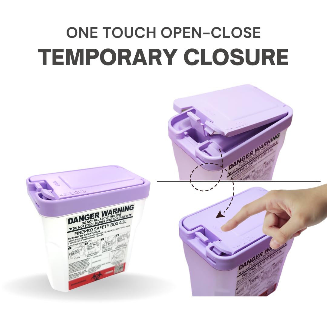 FINEPRO 0.2L Size Portable Pen-Needle Disposal Container [Pack of 3] Diabetes Care (0.2L, Purple+Clear, 3)
