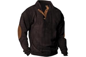 Pvkarhg Mens Sweatshirt with Elbow Patches Vintage Quarter Button Up Stand Collar Corduroy Slim Sweaters Long Sleeve Jackets