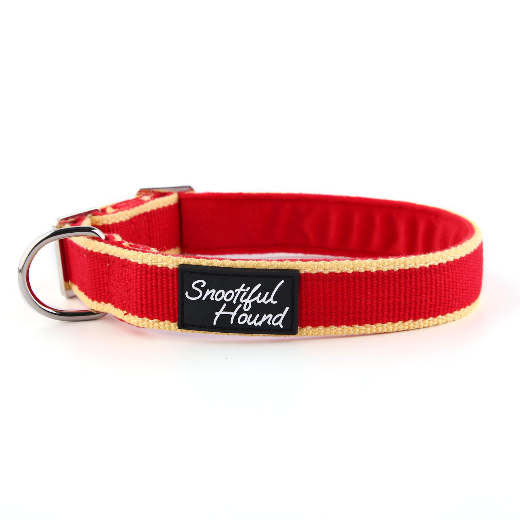 Snootiful Hound Buckleless Dog House Collar - Organic Bamboo & Soft Velvet Lining - Greyhound/Whippet House Collar - Ideal for long term wear for ID (Red & Yellow, 20-35cm)